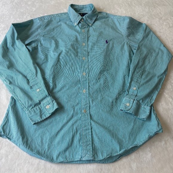Ralph Lauren Button Down Casual Shirt Mens Size Large Slim Fit Green Striped - Picture 2 of 7